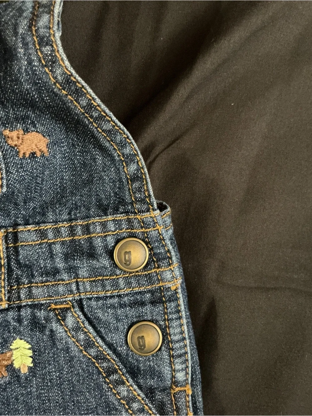 Children's Dark Blue Denim Short Overalls with Forest Embroidery